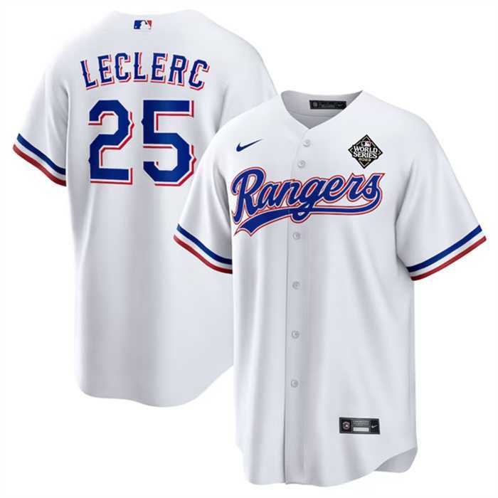 Mens Texas Rangers #25 Jose Leclerc White 2023 World Series Stitched Baseball Jersey Dzhi